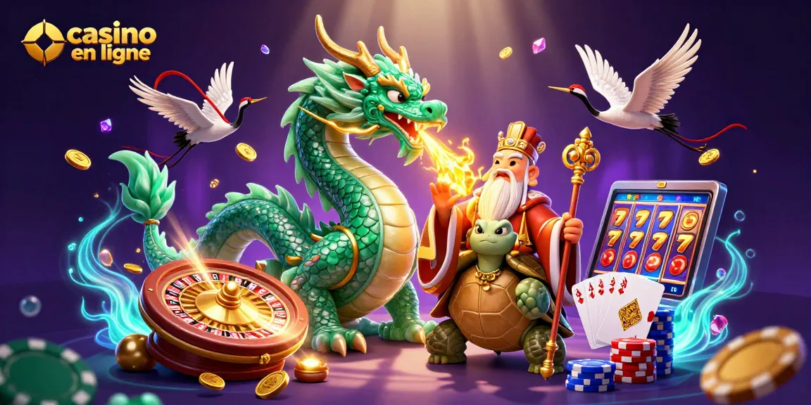 Scène de casino en ligne engageante présentant un majestueux dragon en jade et des grues porte-bonheur.