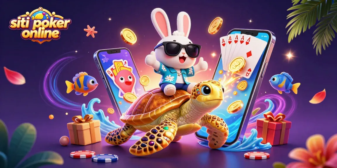 Siti poker online con un coniglio fortunato e una tartaruga dorata circondati da monete e carte da gioco