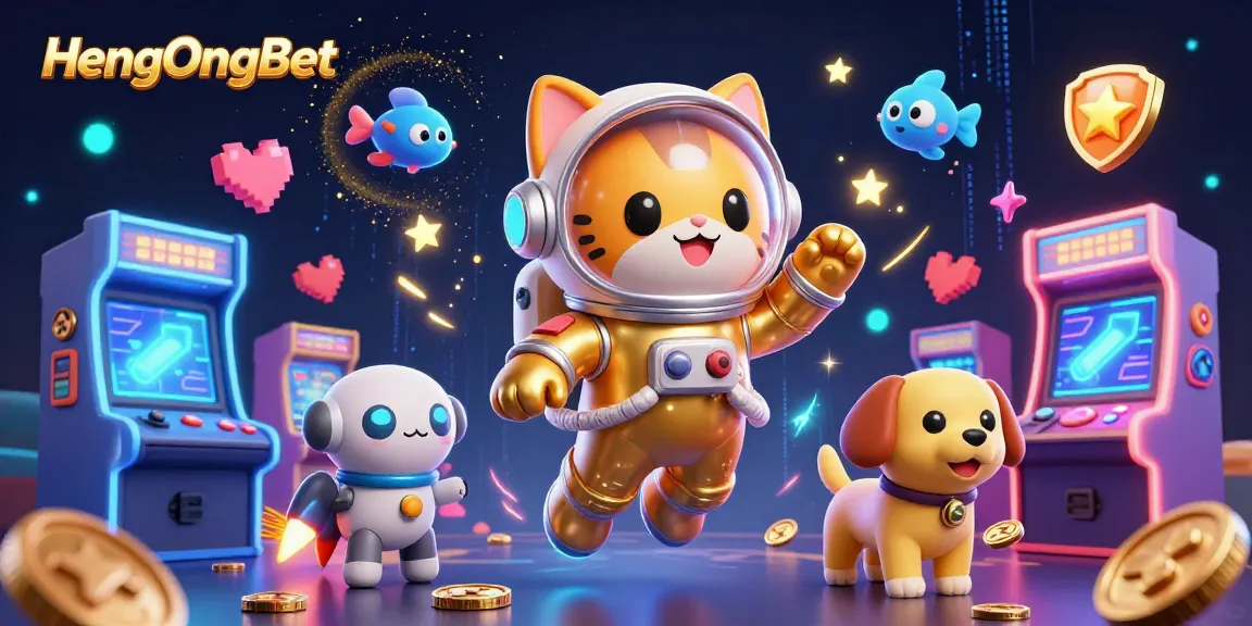 Experience thrilling gaming with HengOngBet, featuring a dynamic scene of an astronaut cat and robot dog amidst colorful gaming elements.