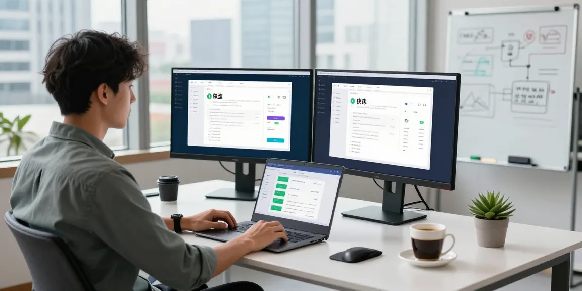 快连 application interface displayed on multiple monitors in a modern tech workspace