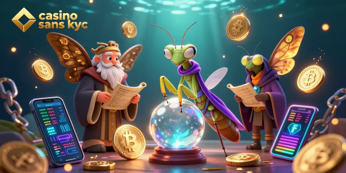 Jouez sur un casino sans KYC avec des personnages de la fortune et des éléments de crypto-monnaies illuminés.