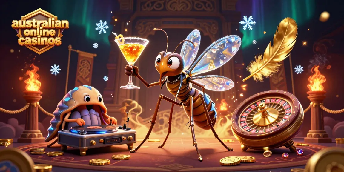 Engage with vibrant action at australian online casinos featuring a lively casino mascot alongside a trilobite DJ.