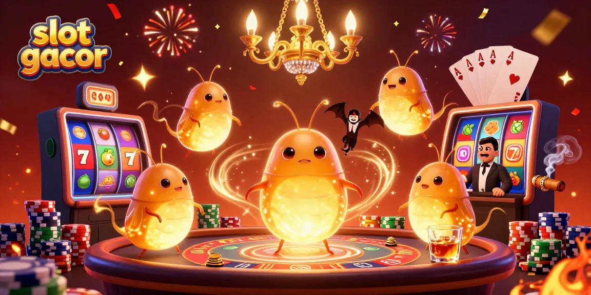 Experience the excitement of slot gacor with vibrant glowworms lighting a colorful casino scene.