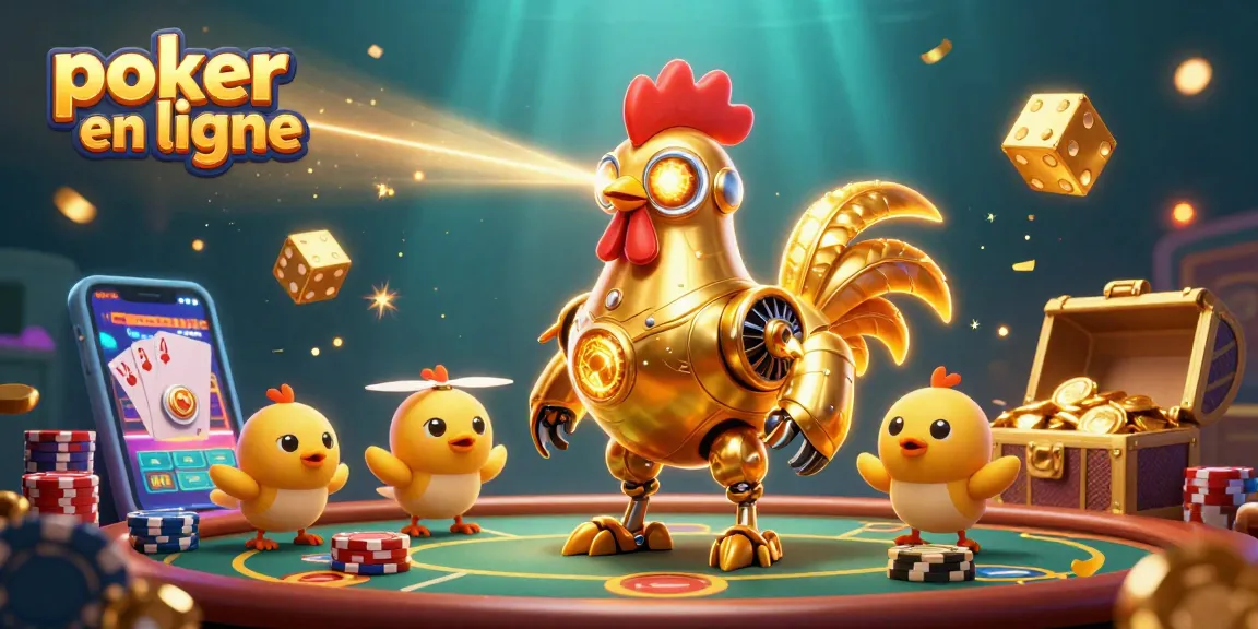Jouez au poker en ligne à travers une aventure dynamique avec un robot poulet doré et des jetons colorés.