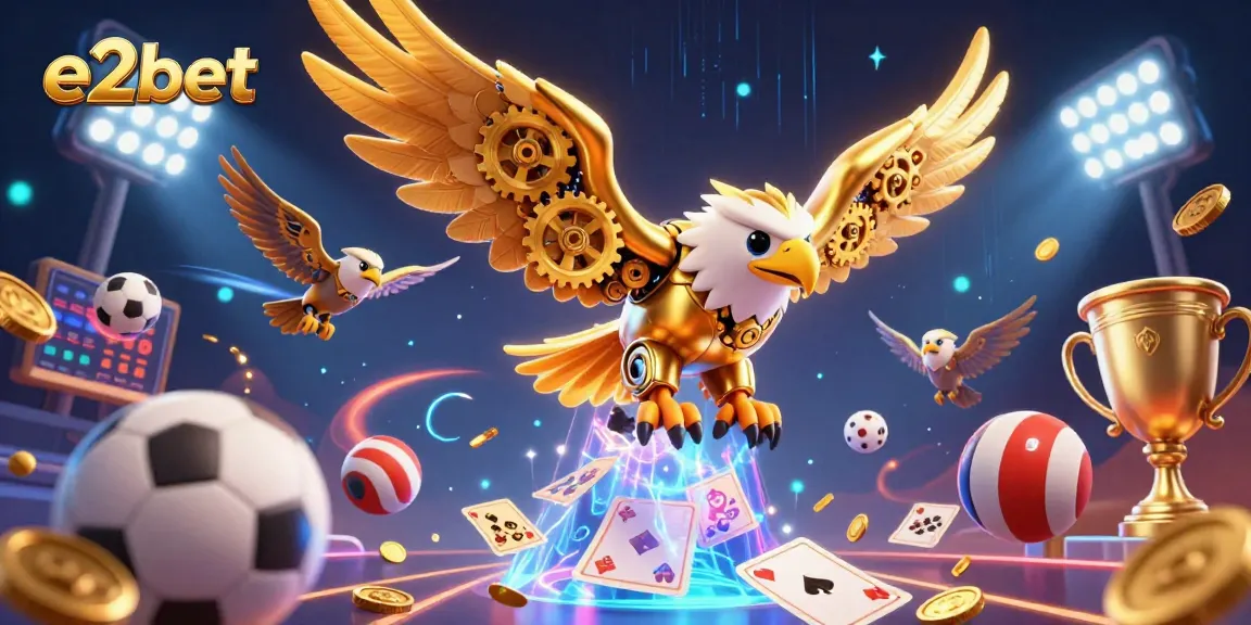 E2bet brings a thrilling experience with a golden eagle soaring through dynamic sports elements and betting excitement.