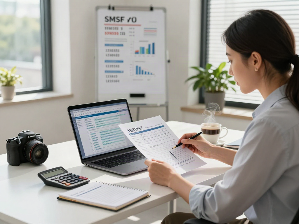 Accountant reviewing SMSF tax return paperwork in a modern office setup highlighting financial strategies and professionalism.