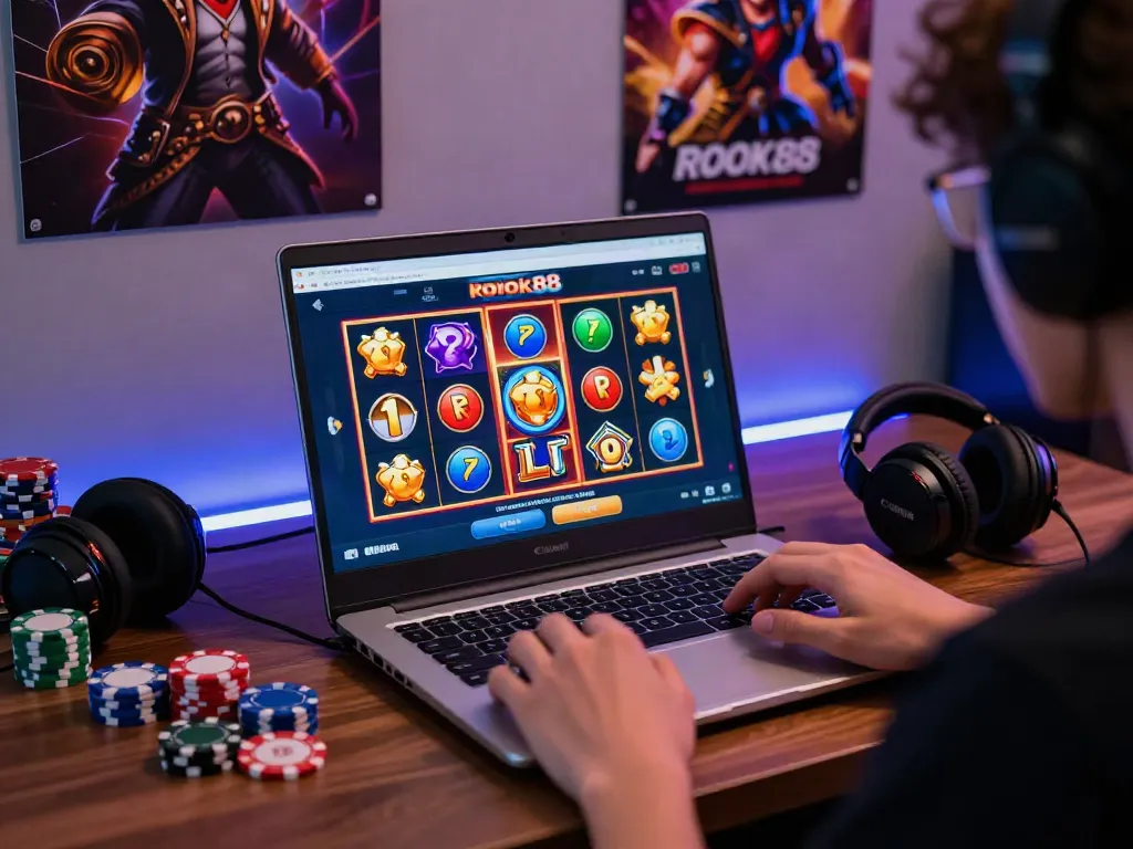 Individual using rokok88 slot login on a laptop in a vibrant gaming setup with colorful slot game visuals.