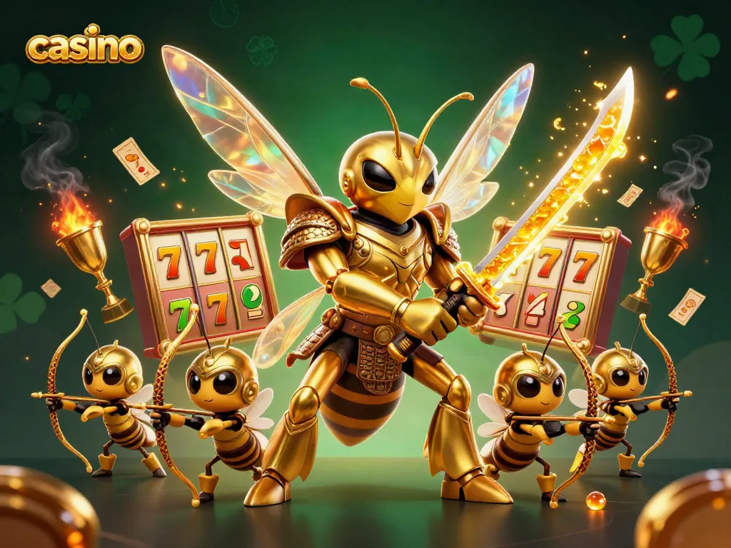 Experience thrilling gameplay at the casino with vibrant slot reels and a dynamic hornet warrior.
