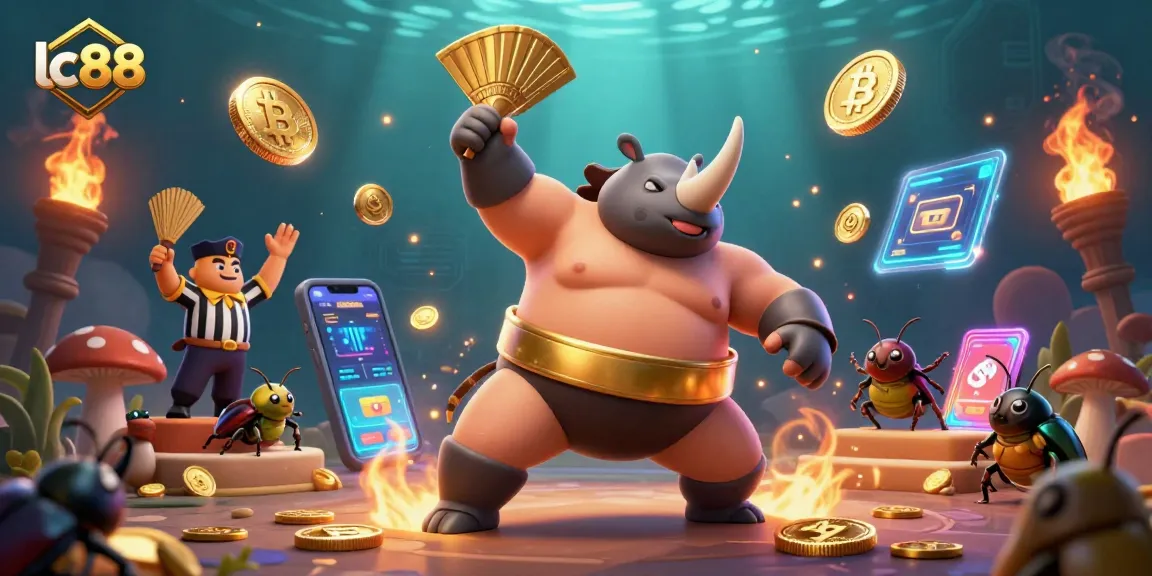 Engage in thrilling gameplay at lc88 with a sumo champion beetle and golden coins flying.