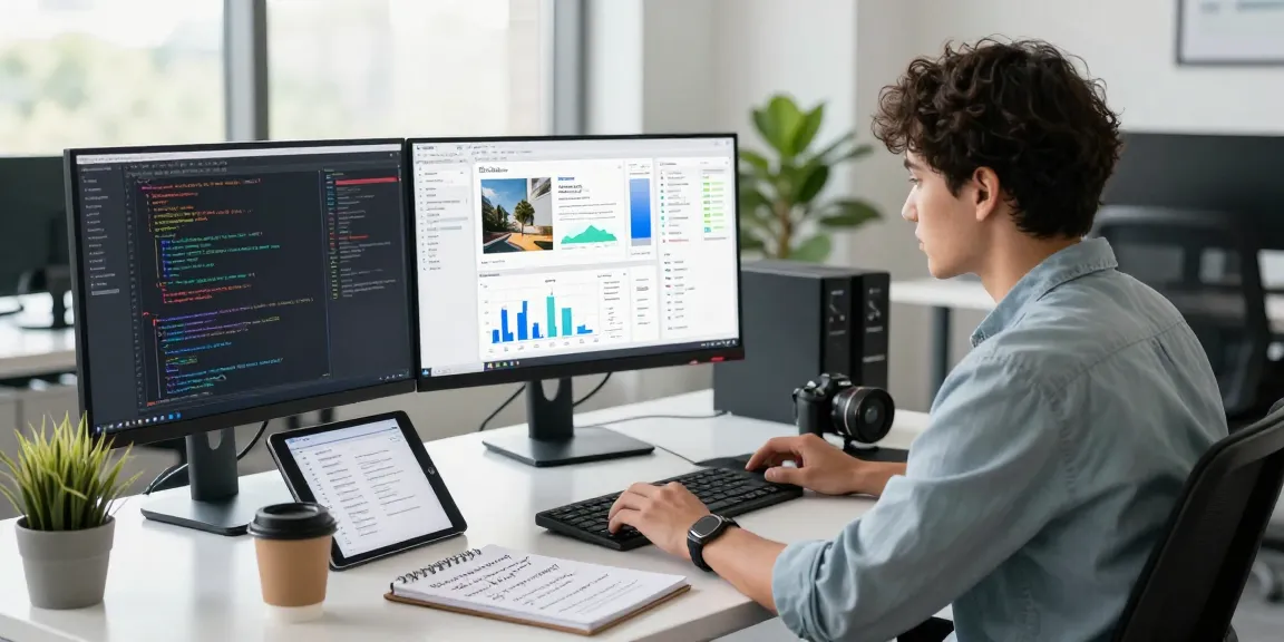 AI detector workspace with an analyst reviewing moderation data on advanced technology in a bright office.