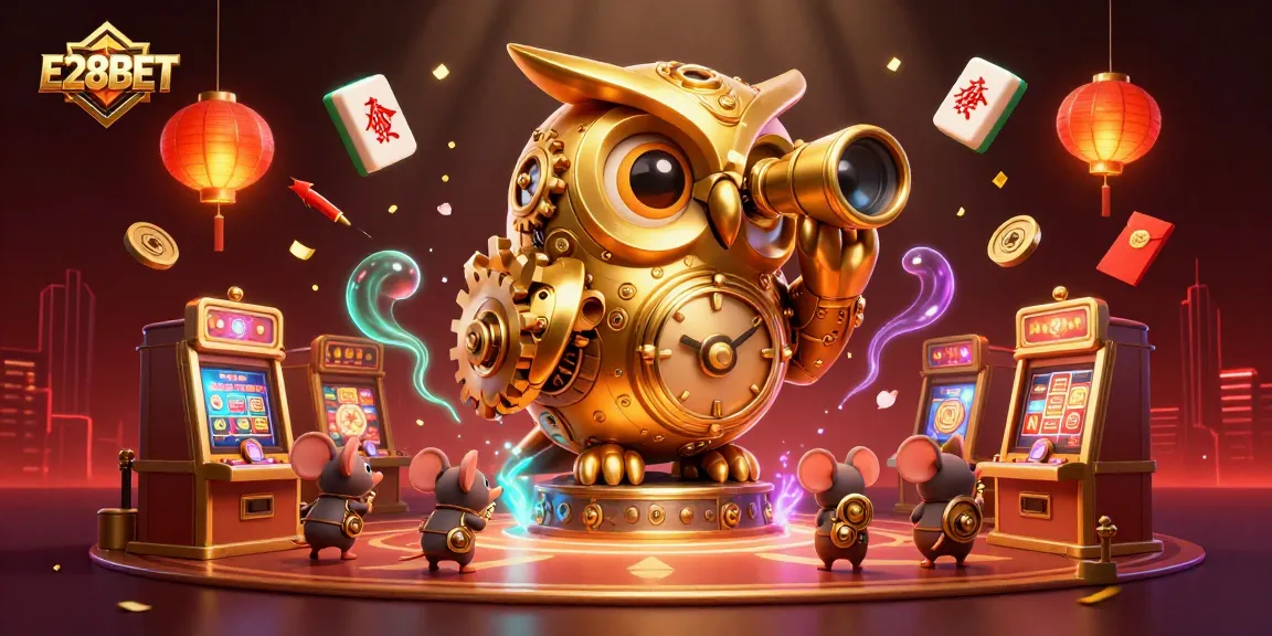 Engage with E28BET through a captivating casino scene featuring a golden owl and animated mouse patrons.