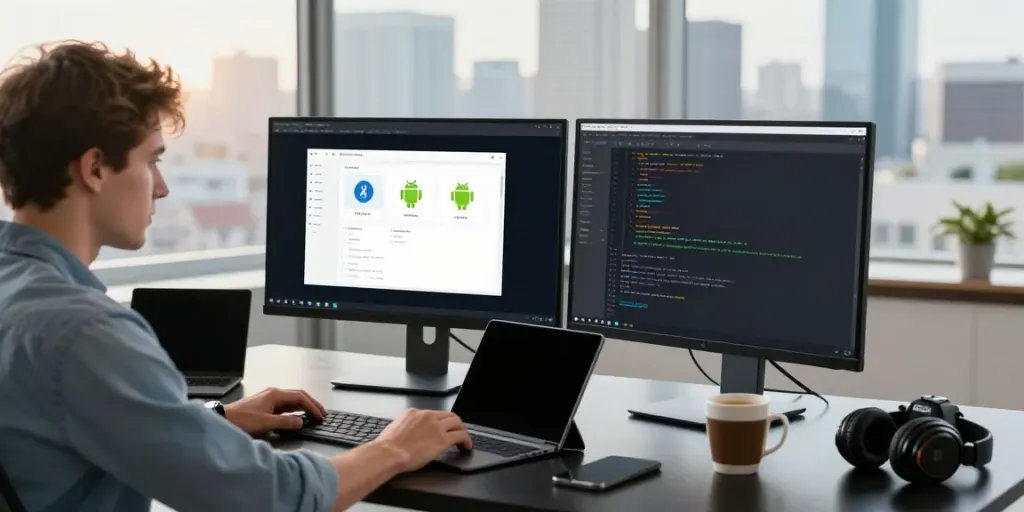 Developer reviewing APK files on h5.2113.net in a modern workspace.