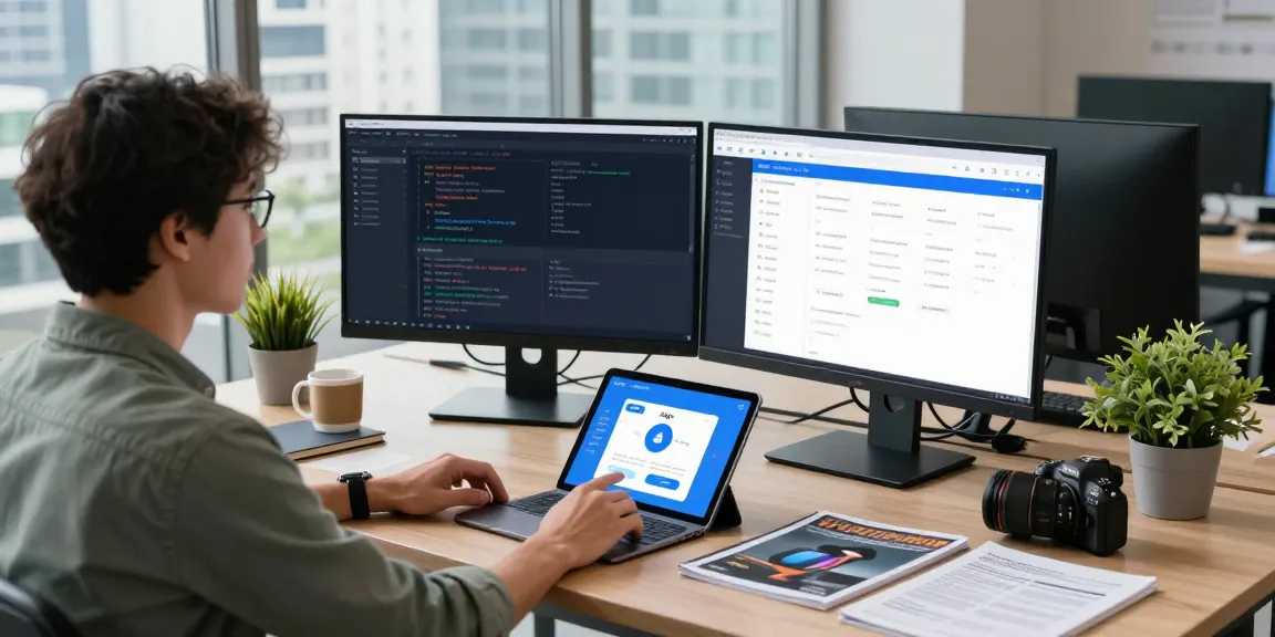 Developer exploring an age verification system in a modern tech workspace, showcasing innovative software integration with dual monitors.