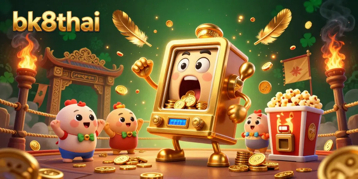 Experience excitement with the bk8thai golden slot machine hitting a jackpot, surrounded by cheering baby slots.
