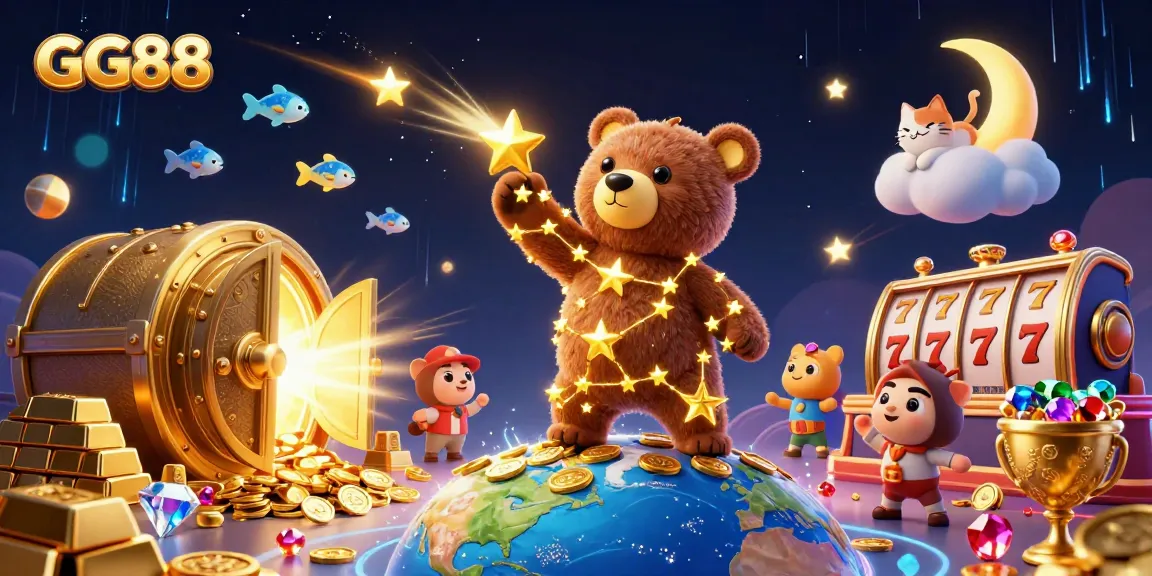 Experience the thrill of GG88 casino games as a constellation bear collects coins amidst vibrant slot elements.