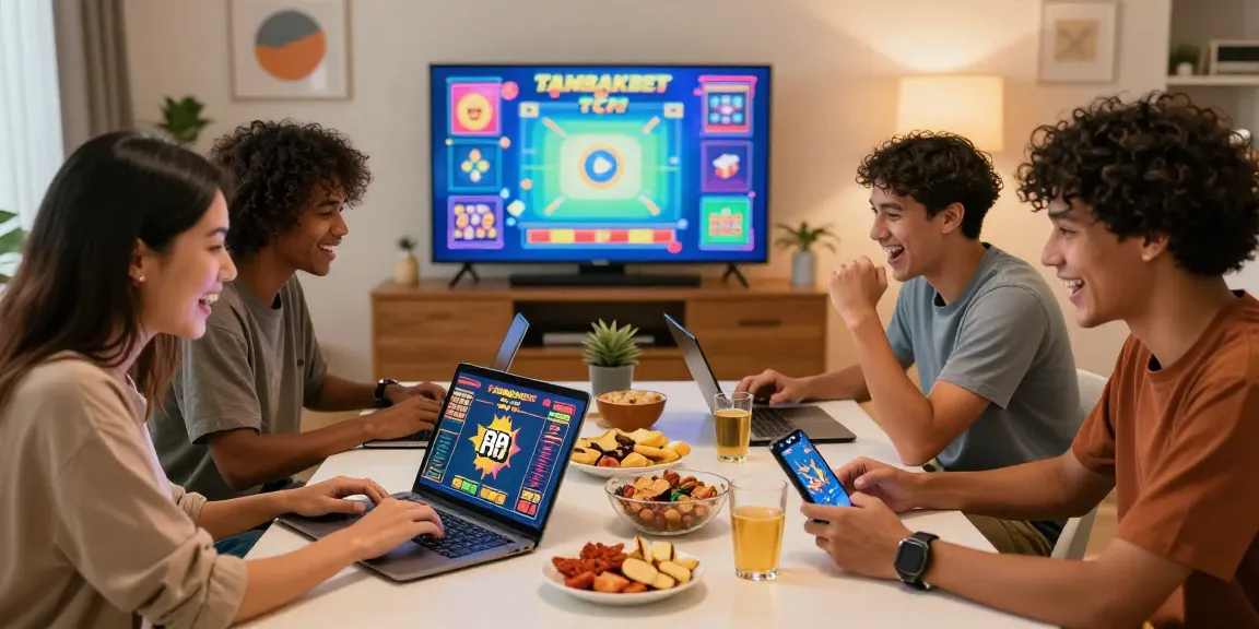 Friends enjoying tambakbet togel in a lively gaming atmosphere, showcasing excitement and camaraderie.