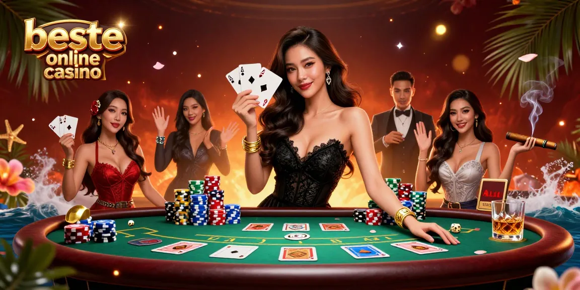 Experience the excitement at beste online casino with poker cards and golden chips in a lively atmosphere.
