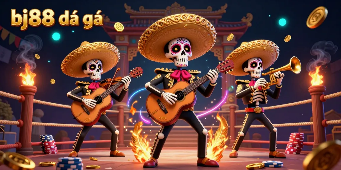 Experience an action-packed bj88 đá gà scene with captivating mariachi skeletons in a dynamic fighting arena.