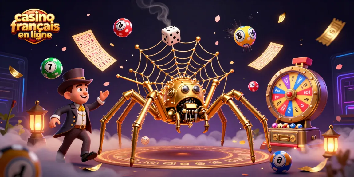 Jouez sur un casino français en ligne avec une illustration captivante de jeux et d'éléments gagnants.