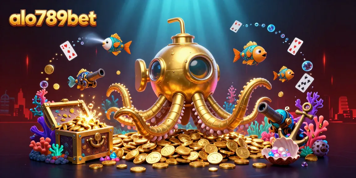 Bet and win at alo789bet with a vibrant 3D illustration of a golden kraken amidst treasures.