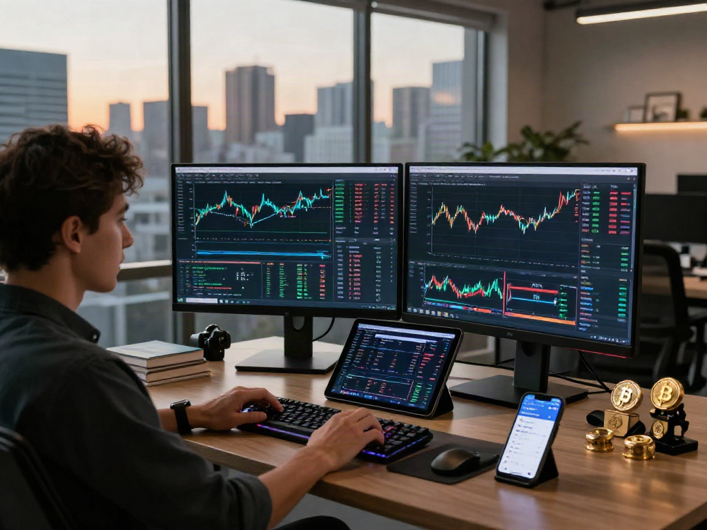 XXKK Exchange trading scene with cryptocurrency charts, DeFi dashboard, and secure wallet practices in a modern office.