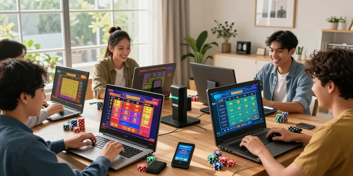 Players engaged in Pasaran Togel Terlengkap exciting online gambling scene surrounded by vibrant decor and game screens.