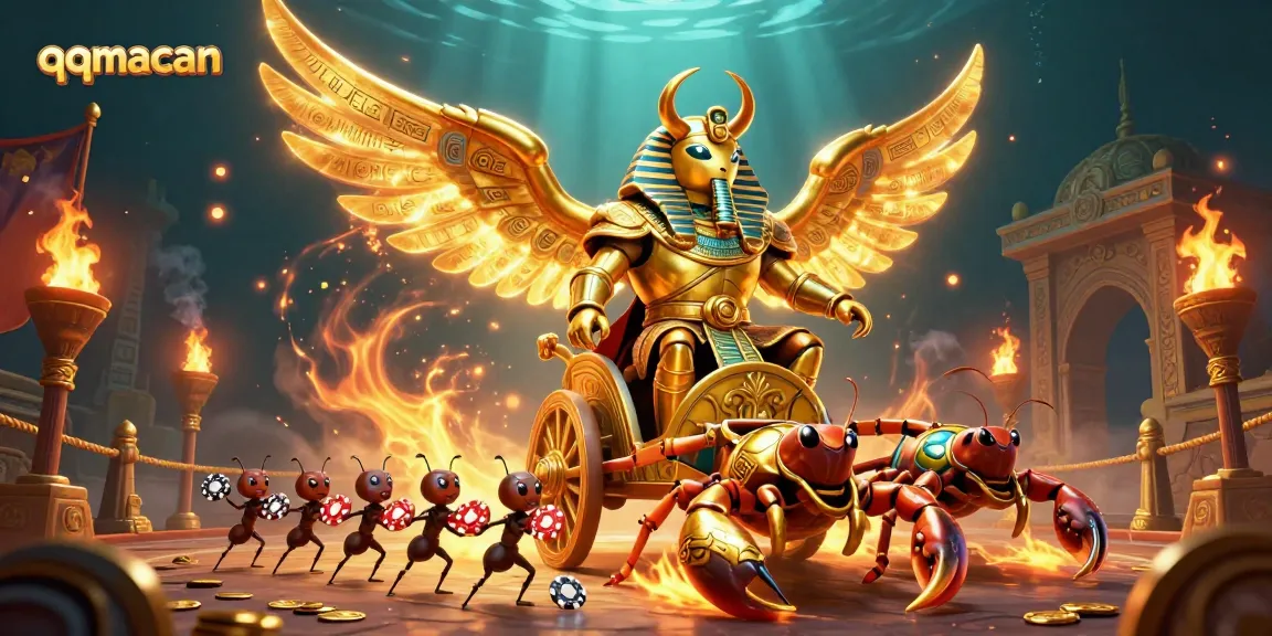 Engage with exciting gaming action at qqmacan, showcasing a golden scarab beetle surrounded by dynamic gambling elements.