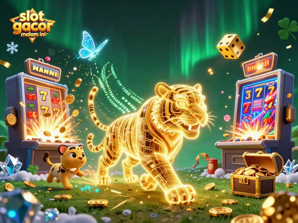 Rasakan kemeriahan slot gacor malam ini dengan mesin slot yang menggelegar dan simbol keberuntungan menyebar di seluruh gambar.