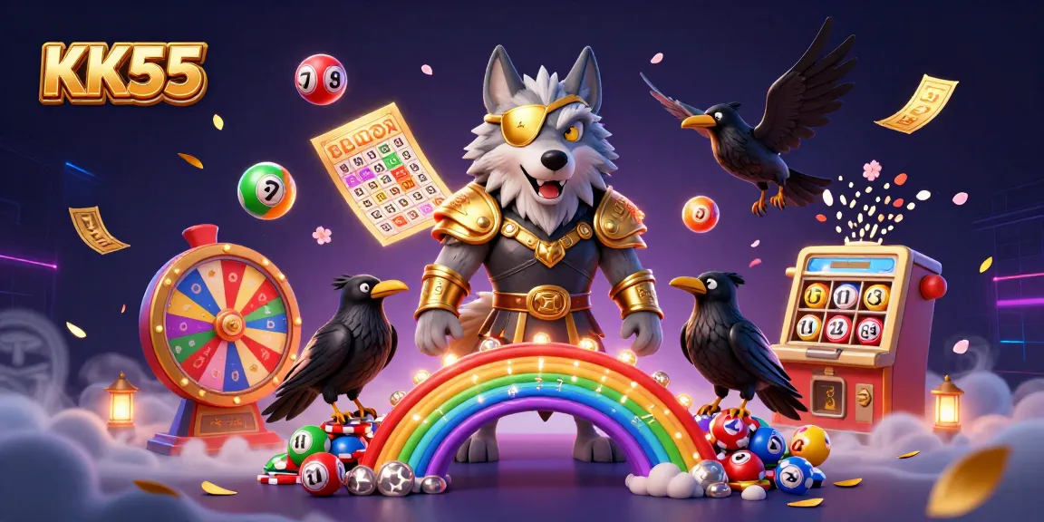 Experience thrilling gameplay at KK55 with a vibrant 3D scene full of casino elements and characters.