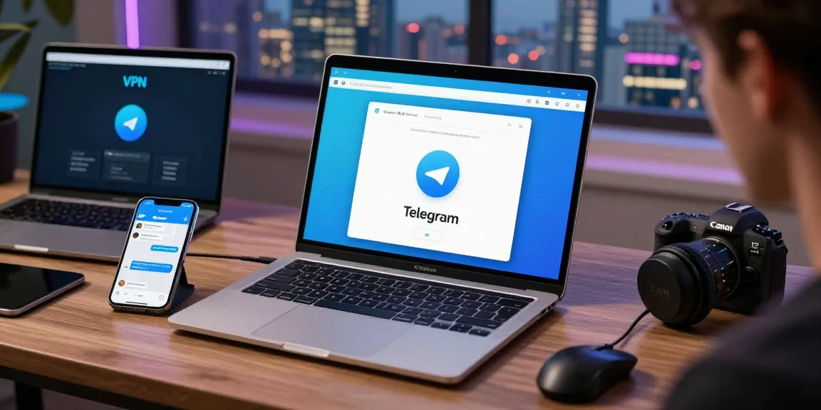 telegram china working method displayed on a laptop with a VPN app, showcasing modern tech communication and security.