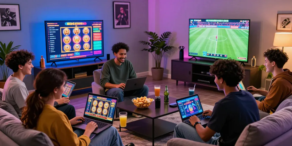 Engaging group playing exciting games on Raja328 link in a vibrant living room, showcasing online gaming fun.