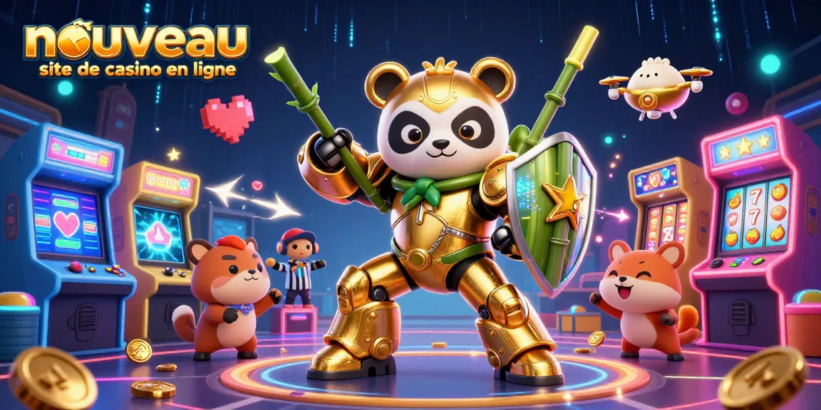 Illustration dynamique du nouveau site de casino en ligne montrant un panda en armure mech et ses machines de jeu colorées.