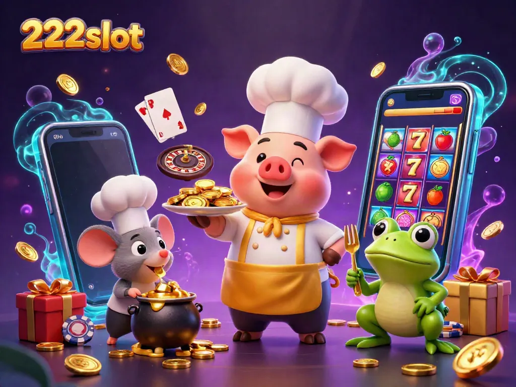 Menangkan hadiah dengan 222slot, ilustrasi kasino memukau dengan koki berkucing dan simbol permainan!