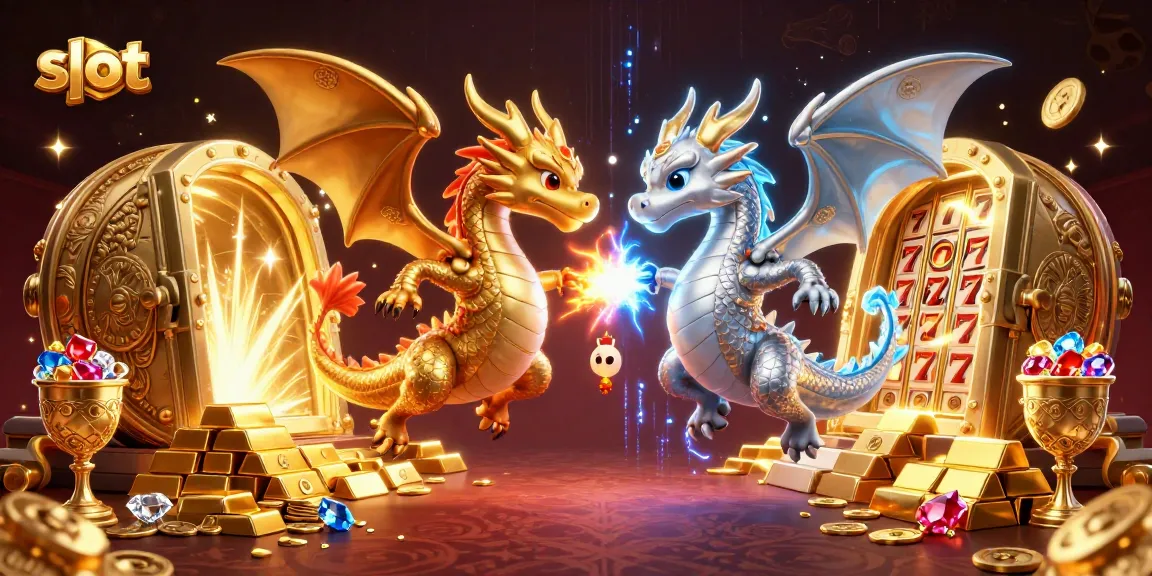 Memenangkan slot dengan permainan luar biasa dari kasino, dikelilingi oleh naga dan harta karun.