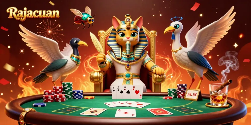 Permainan poker seru di Rajacuan dengan gambar kucing firaun, scribe ibis, dan elemen judi yang mengesankan.
