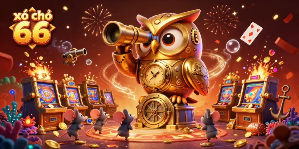 Xổ số 66 inspiring excitement with a golden owl and mouse characters at a vibrant casino