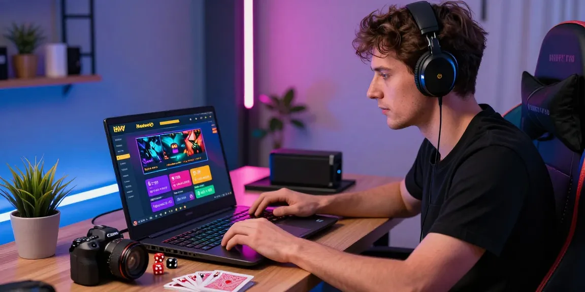 Engaged user exploring newbet4d on a laptop showcasing vibrant online betting options in a modern gaming environment.