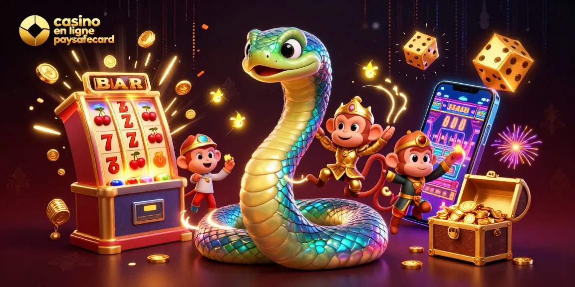 Profitez des jeux avec casino en ligne paysafecard, une scène animée de machines à sous et personnages colorés.