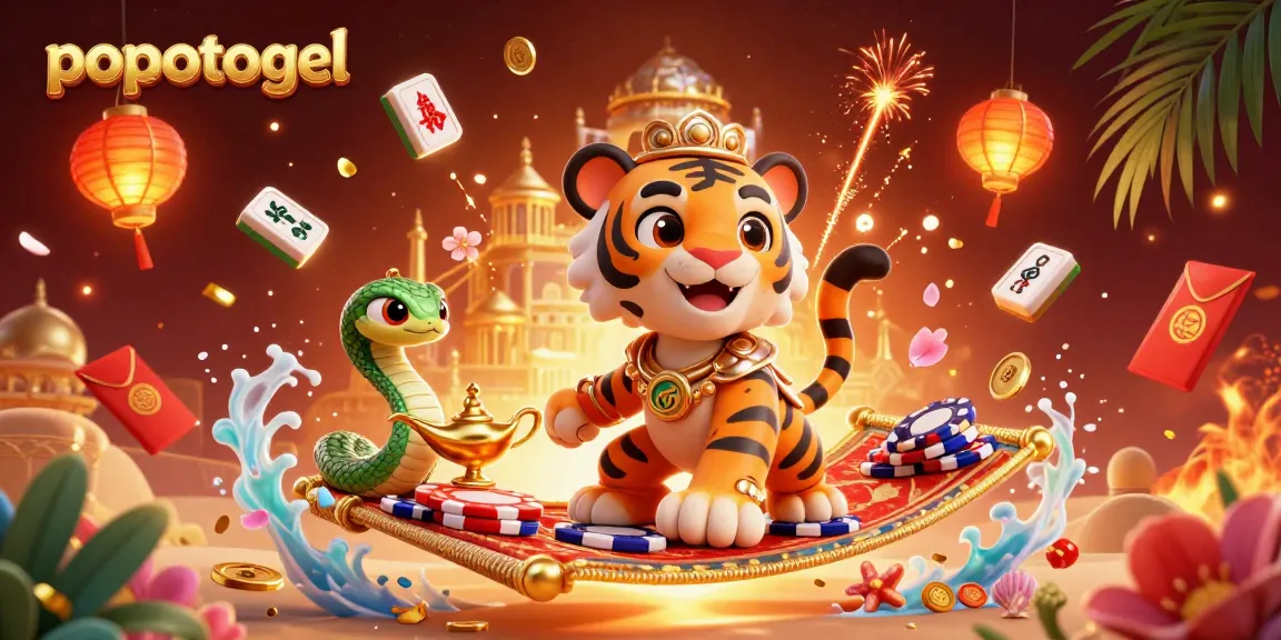 Experience the excitement of popotogel with a tiger sultan and magic elements in a vibrant 3D casino scene.