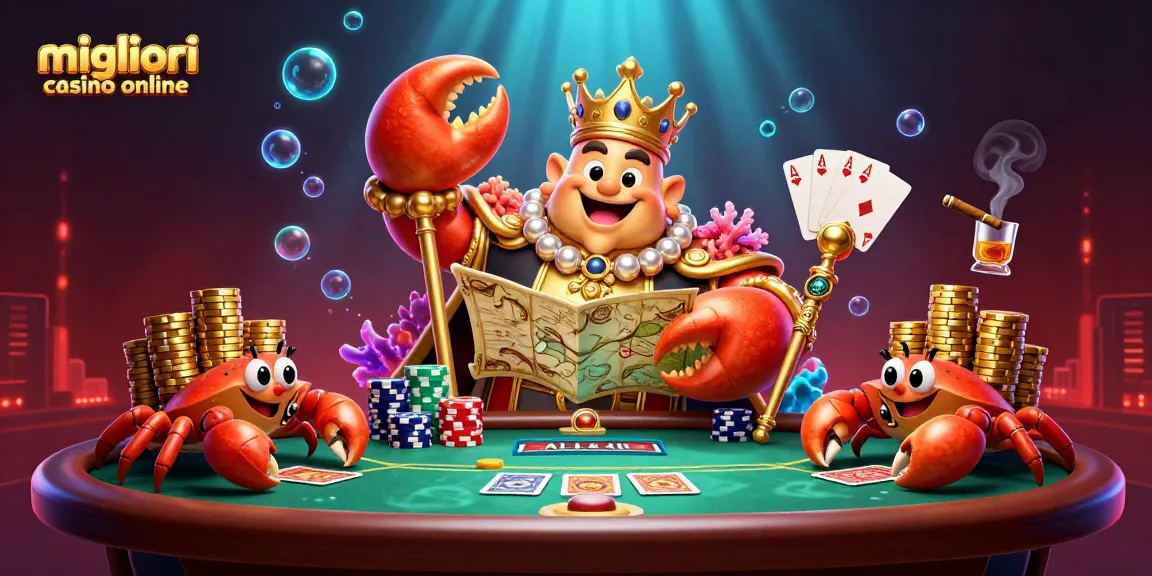 Scopri i migliori casino online in un'illustrazione ricca di dettagli del granchio imperatore in un ambiente da gioco vivace.