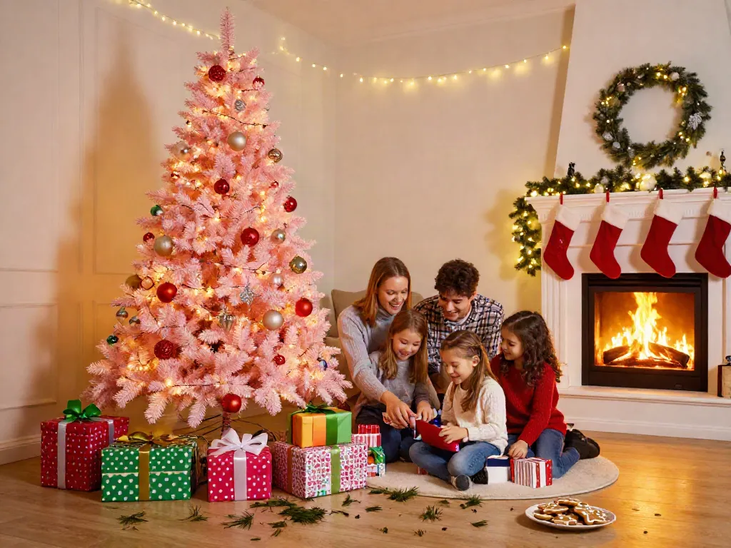 Family joyfully celebrating around a pink pre-lit Christmas tree in a cozy living room.