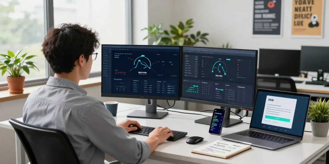 Optimizing快连VPN settings in a modern workspace with dual monitors and tech tools.