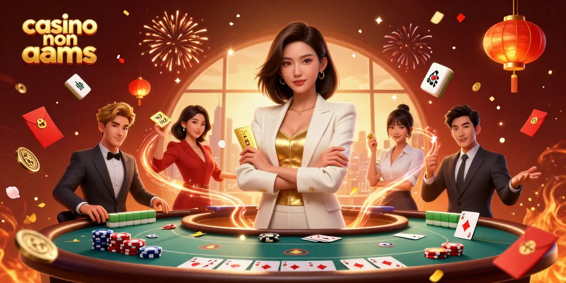 Scopri l'emozione del casinò non AAMS con una donna d'affari elegante che tiene in mano le carte, circondata da elementi di gioco festivi.