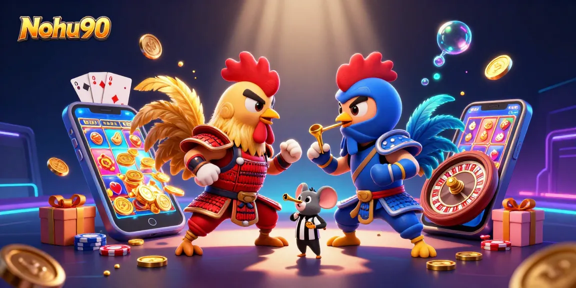 Nohu90 showcases an epic rooster battle amidst vibrant casino graphics and dynamic slots.