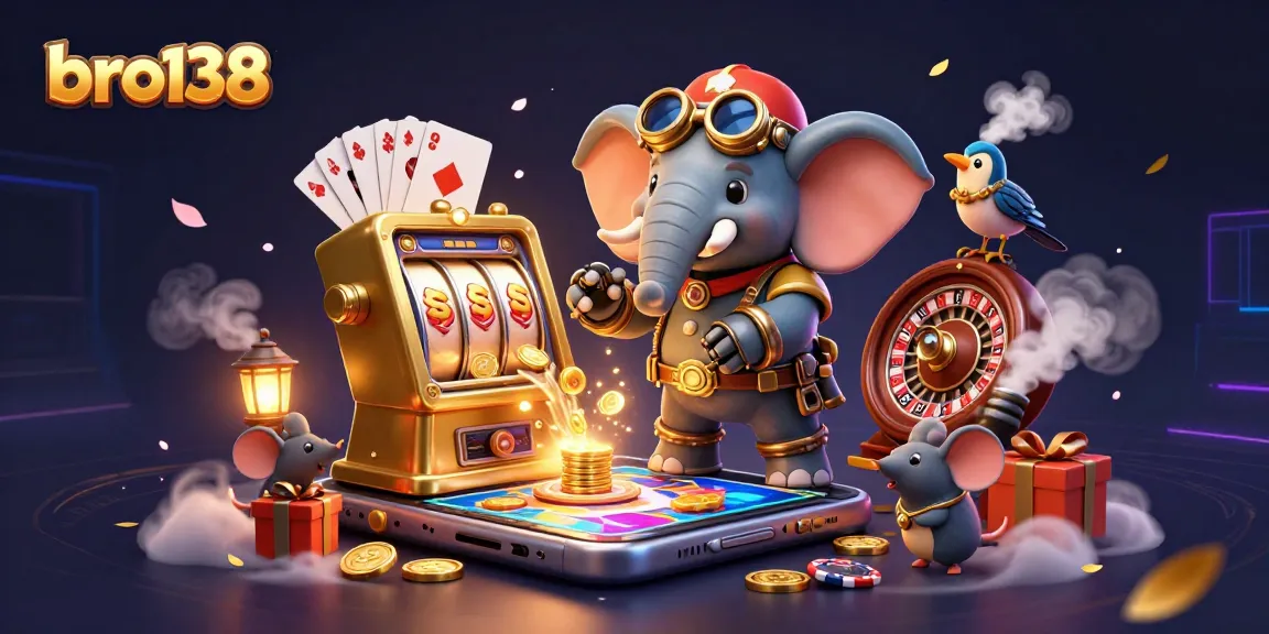 Experience bro138's premium slots with steampunk characters operating vibrant games and golden coins erupting.