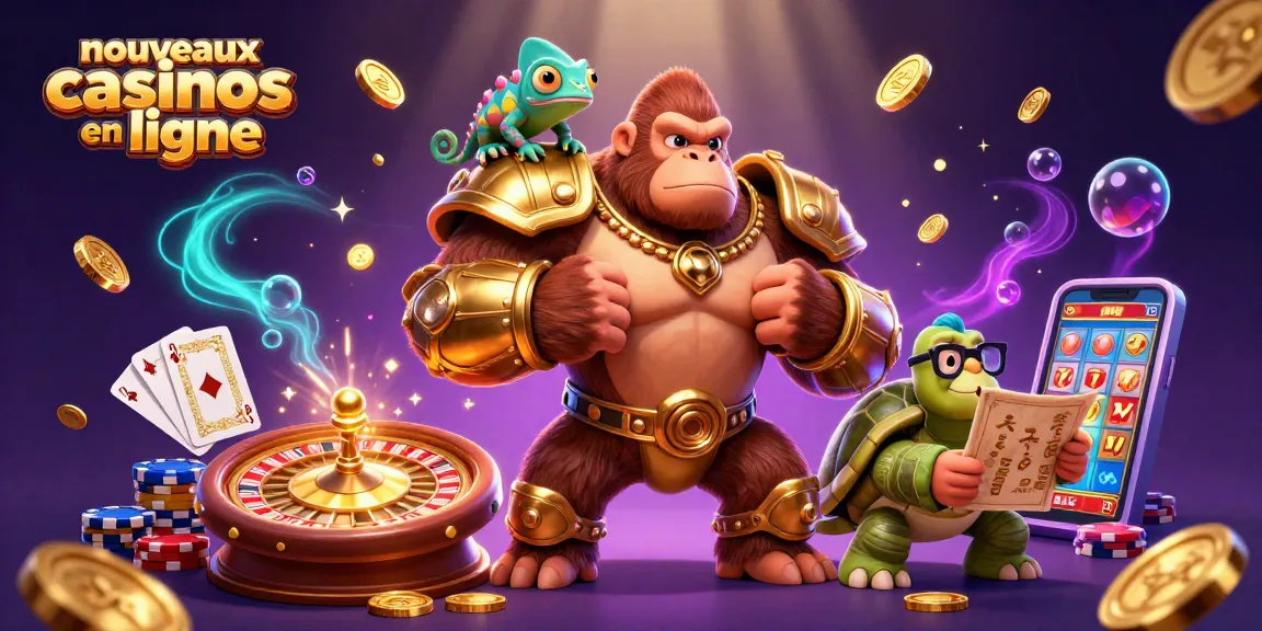 Jouer aux nouveaux casinos en ligne avec une scène animée de personnages emblématiques et éléments de jeu dynamiques.