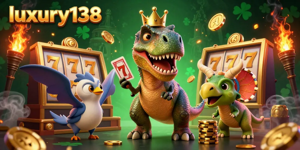 Slots blast with luxury138 as a T-Rex shuffles cards while a pterodactyl assists in a colorful casino setting.