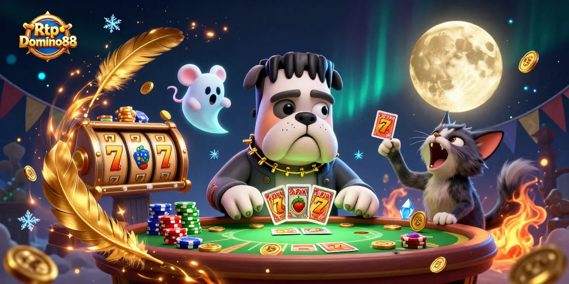 Experience Rtp Domino88 with a 3D cartoon monster dealer at a vibrant casino table amidst gold coins and slot reels.
