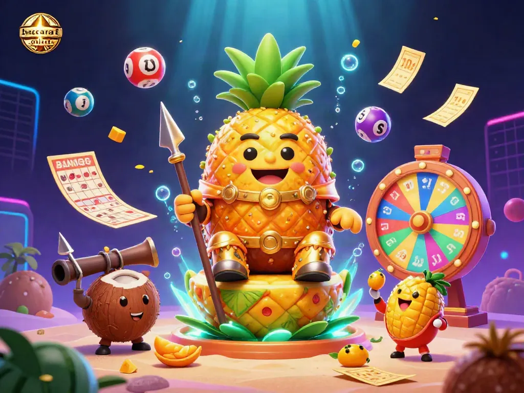 Baccarat online action scene with a golden pineapple king among colorful game elements on a vibrant casino beach.
