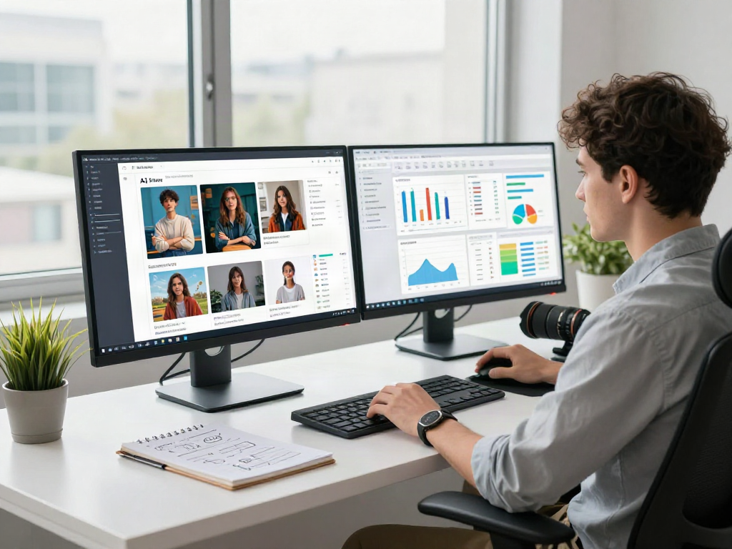 AI Image Detector interface displayed on dual monitors in a tech workspace.